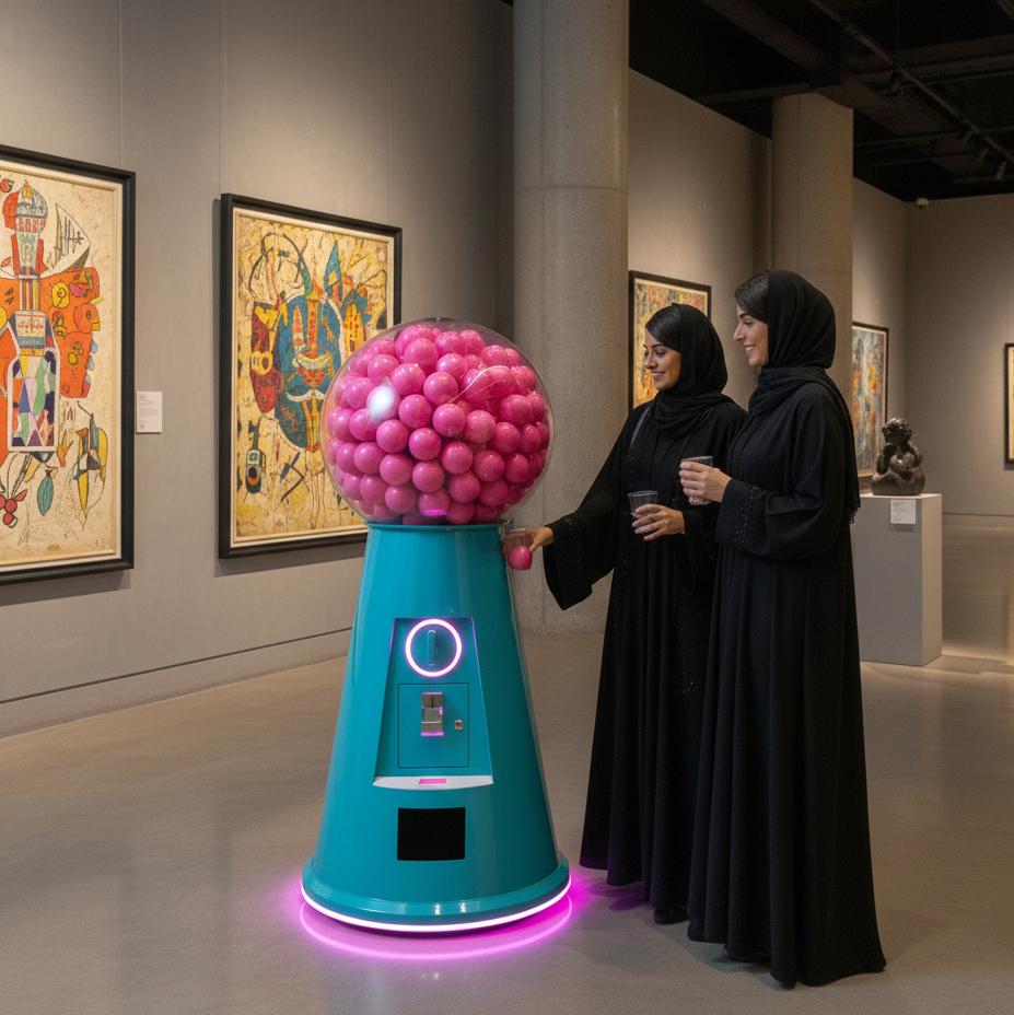 Interactive Gumball Machine at a Dubai brand activation event. Guests are playing and engaging with the sleek machine, creating memorable experiences.
